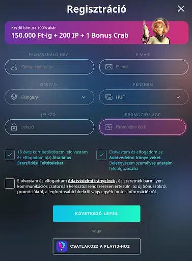 Online kaszinó regisztráció bónusszal Kaszinó regisztrációs űrlap felhasználói adatokkal