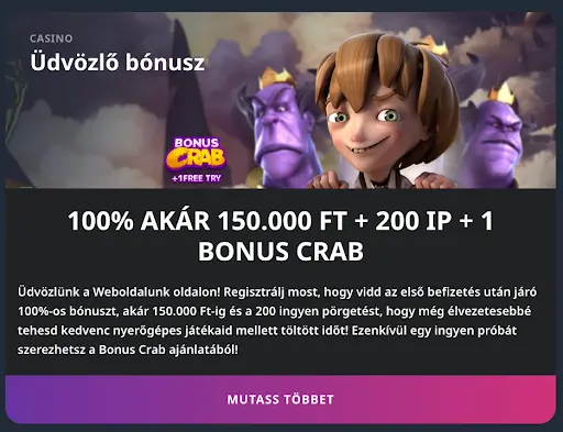 Kaszinó üdvözlő bónusz 150.000 Ft-ig