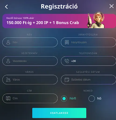 Kaszinó fiók létrehozása – üdvözlő bónusz Kaszinó regisztrációs űrlap személyes adatokkal