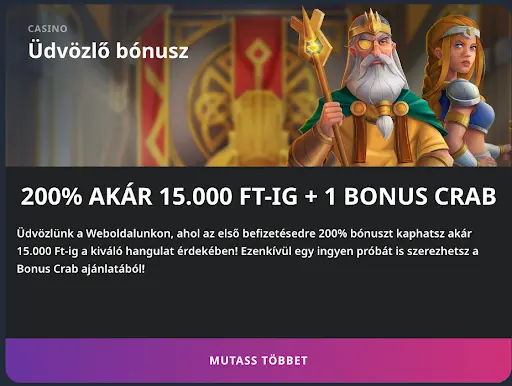 Kaszinó 200% üdvözlő bónusz 15.000 Ft-ig
